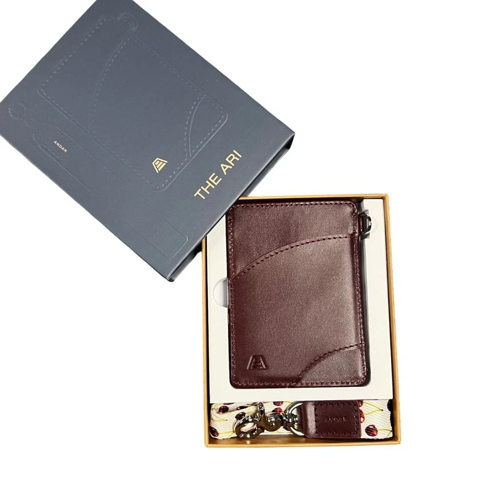 Andar The Ari Slim Leather Card Holder Wallet Wild Cherry Print with Lanyard NEW